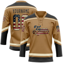 Load image into Gallery viewer, Custom Old Gold Vintage USA Flag Black-Cream Hockey Lace Neck Jersey