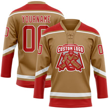 Load image into Gallery viewer, Custom Old Gold Red-White Hockey Lace Neck Jersey