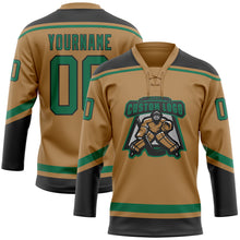 Load image into Gallery viewer, Custom Old Gold Kelly Green-Black Hockey Lace Neck Jersey