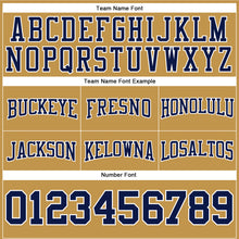 Load image into Gallery viewer, Custom Stitched Old Gold Navy-White Football Pullover Sweatshirt Hoodie