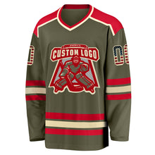 Load image into Gallery viewer, Custom Olive Vintage USA Flag Cream-Red Salute To Service Hockey Jersey