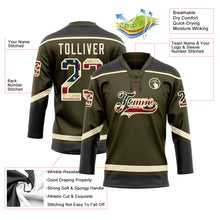 Load image into Gallery viewer, Custom Olive Vintage USA Flag Cream-Black Salute To Service Hockey Lace Neck Jersey