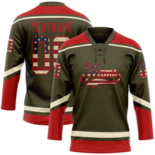 Load image into Gallery viewer, Custom Olive Vintage USA Flag Red-Cream Salute To Service Hockey Lace Neck Jersey