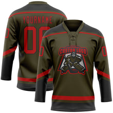Load image into Gallery viewer, Custom Olive Red-Black Salute To Service Hockey Lace Neck Jersey