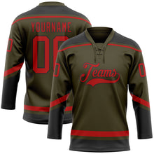 Load image into Gallery viewer, Custom Olive Red-Black Salute To Service Hockey Lace Neck Jersey