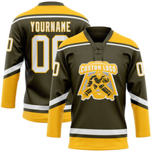 Load image into Gallery viewer, Custom Olive White-Gold Salute To Service Hockey Lace Neck Jersey