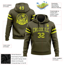 Load image into Gallery viewer, Custom Stitched Olive Neon Yellow-Black Football Pullover Sweatshirt Salute To Service Hoodie