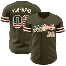 Load image into Gallery viewer, Custom Olive Vintage USA Flag Cream-Crimson Authentic Salute To Service Baseball Jersey