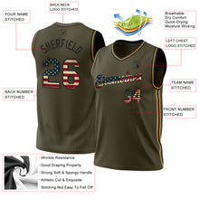 Load image into Gallery viewer, Custom Olive Vintage USA Flag Black-Old Gold Authentic Throwback Salute To Service Basketball Jersey