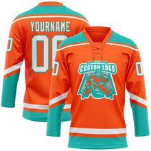 Load image into Gallery viewer, Custom Orange White-Aqua Hockey Lace Neck Jersey