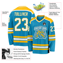 Load image into Gallery viewer, Custom Panther Blue White-Gold Hockey Jersey