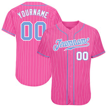 Load image into Gallery viewer, Custom Pink White Pinstripe Light Blue-White Authentic Baseball Jersey