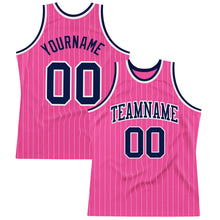 Load image into Gallery viewer, Custom Pink White Pinstripe Navy-White Authentic Basketball Jersey