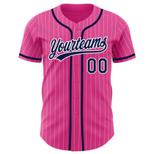 Load image into Gallery viewer, Custom Pink White Pinstripe Navy Authentic Baseball Jersey
