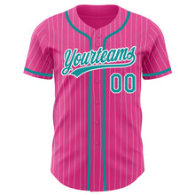 Load image into Gallery viewer, Custom Pink White Pinstripe Teal Authentic Baseball Jersey