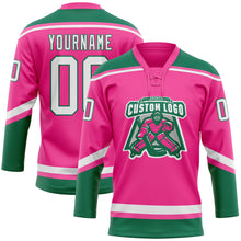 Load image into Gallery viewer, Custom Pink White-Kelly Green Hockey Lace Neck Jersey