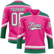 Load image into Gallery viewer, Custom Pink White-Kelly Green Hockey Lace Neck Jersey