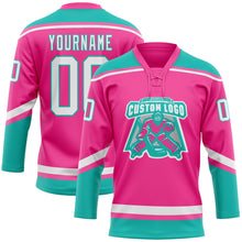 Load image into Gallery viewer, Custom Pink White-Aqua Hockey Lace Neck Jersey