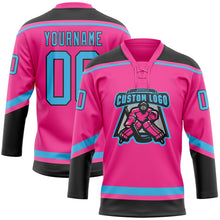 Load image into Gallery viewer, Custom Pink Sky Blue-Black Hockey Lace Neck Jersey
