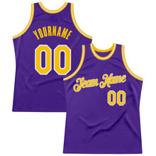 Load image into Gallery viewer, Custom Purple Gold-White Authentic Throwback Basketball Jersey