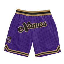 Load image into Gallery viewer, Custom Purple Black Pinstripe Black-Old Gold Authentic Basketball Shorts