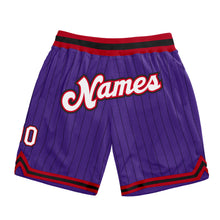 Load image into Gallery viewer, Custom Purple Black Pinstripe White-Red Authentic Basketball Shorts