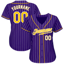 Load image into Gallery viewer, Custom Purple White Pinstripe Gold-White Authentic Baseball Jersey