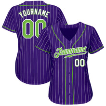Load image into Gallery viewer, Custom Purple White Pinstripe Neon Green-White Authentic Baseball Jersey