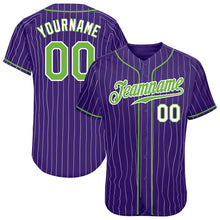 Load image into Gallery viewer, Custom Purple White Pinstripe Neon Green-White Authentic Baseball Jersey