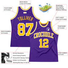 Load image into Gallery viewer, Custom Purple Gold-White Authentic Throwback Basketball Jersey