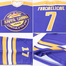 Load image into Gallery viewer, Custom Purple Gold-White Hockey Jersey