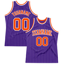 Load image into Gallery viewer, Custom Purple White Pinstripe Orange Authentic Basketball Jersey