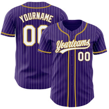 Load image into Gallery viewer, Custom Purple White Pinstripe Old Gold Authentic Baseball Jersey