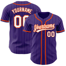 Load image into Gallery viewer, Custom Purple White Pinstripe Orange Authentic Baseball Jersey
