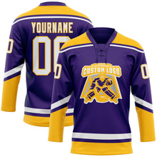 Load image into Gallery viewer, Custom Purple White-Gold Hockey Lace Neck Jersey