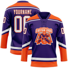 Load image into Gallery viewer, Custom Purple White-Orange Hockey Lace Neck Jersey