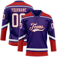 Load image into Gallery viewer, Custom Purple White-Red Hockey Lace Neck Jersey