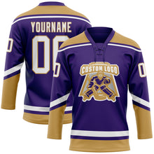 Load image into Gallery viewer, Custom Purple White-Old Gold Hockey Lace Neck Jersey