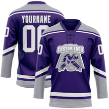 Load image into Gallery viewer, Custom Purple White-Gray Hockey Lace Neck Jersey