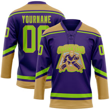 Load image into Gallery viewer, Custom Purple Neon Green-Old Gold Hockey Lace Neck Jersey