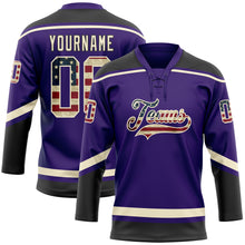 Load image into Gallery viewer, Custom Purple Vintage USA Flag Cream-Black Hockey Lace Neck Jersey