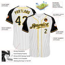 Load image into Gallery viewer, Custom White Black Pinstripe Black-Gold Authentic Raglan Sleeves Baseball Jersey