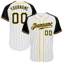 Load image into Gallery viewer, Custom White Black Pinstripe Black-Gold Authentic Raglan Sleeves Baseball Jersey