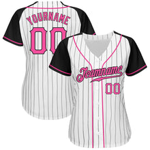 Load image into Gallery viewer, Custom White Black Pinstripe Pink-Black Authentic Raglan Sleeves Baseball Jersey