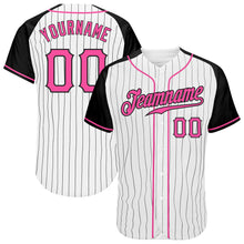Load image into Gallery viewer, Custom White Black Pinstripe Pink-Black Authentic Raglan Sleeves Baseball Jersey