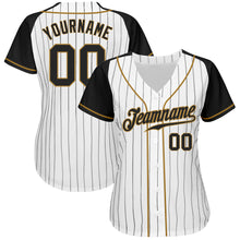 Load image into Gallery viewer, Custom White Black Pinstripe Black-Old Gold Authentic Raglan Sleeves Baseball Jersey