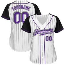 Load image into Gallery viewer, Custom White Black Pinstripe Purple-Black Authentic Raglan Sleeves Baseball Jersey