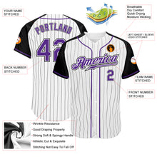 Load image into Gallery viewer, Custom White Black Pinstripe Purple-Black Authentic Raglan Sleeves Baseball Jersey