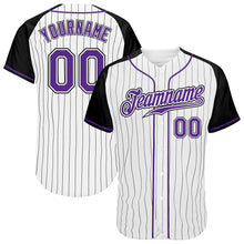 Load image into Gallery viewer, Custom White Black Pinstripe Purple-Black Authentic Raglan Sleeves Baseball Jersey