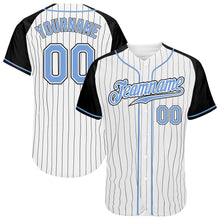 Load image into Gallery viewer, Custom White Black Pinstripe Light Blue-Black Authentic Raglan Sleeves Baseball Jersey